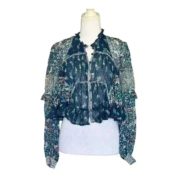 Anthropologie NWT Boho Blue Floral Sheer Babydoll Cropped Oversized Blouse XS - Picture 3 of 10